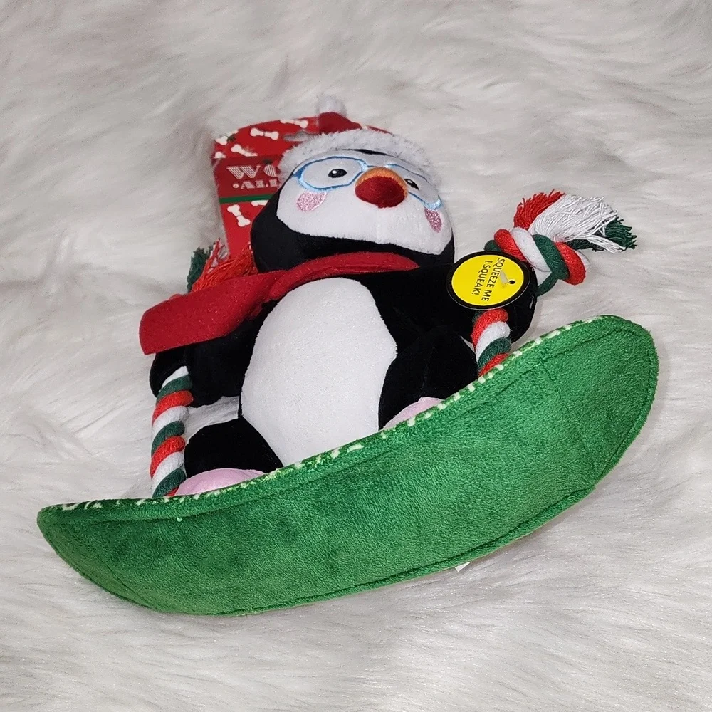 Christmas Penguin On Snowboard Squeaker Dog Toy New With Tags